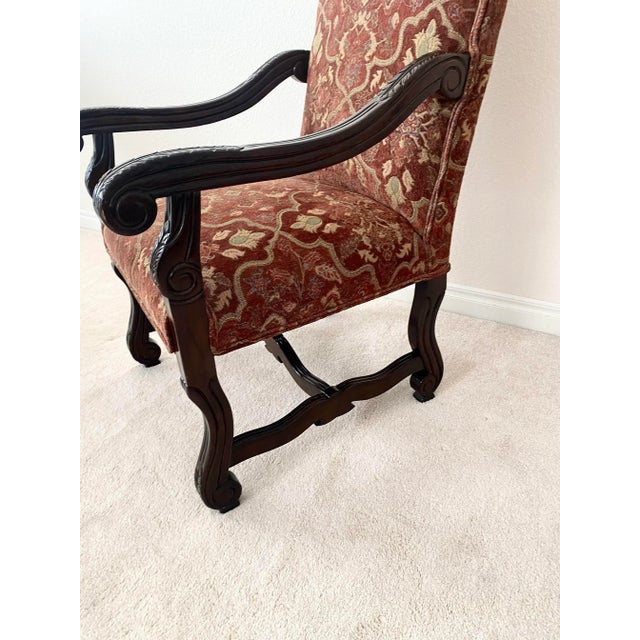 Vintage Exquisitely Majestic Baroque Style Tuscan Tall Back Carved Open Armchairs Upholstered Seat and Back For Sale In Denver - Image 6 of 17