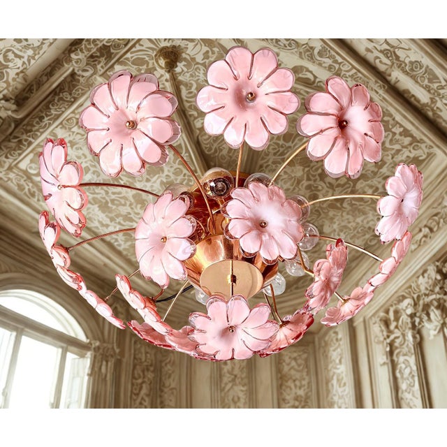 1960s Murano Glass Flush Mount Ceiling Light With Pink Flowers For Sale - Image 9 of 10