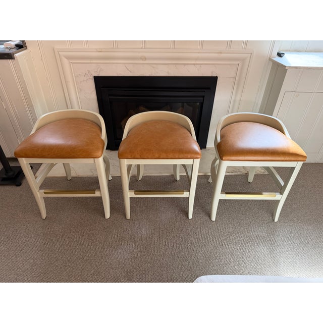 Custom Counter Stools by Jessica Charles — Toffee Leather, Antique White Frame, Brass Footrest (Set of 3) For Sale - Image 10 of 10