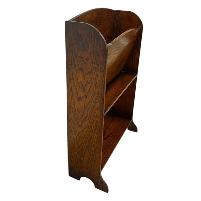 Mid-Century Modern Antique Wooden Magazine Rack With Arched Top and Two-Tier Storage, Freestanding Book or Newspaper Stand For Sale - Image 3 of 8