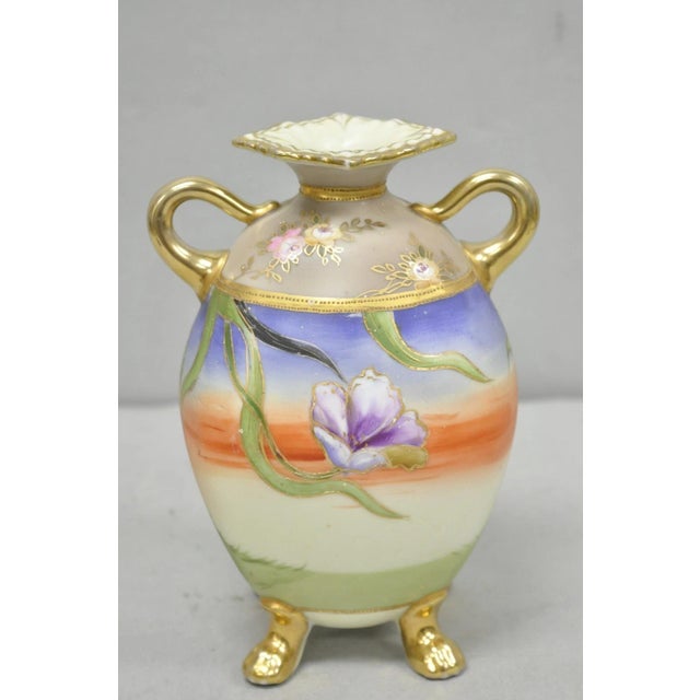 Antique Nippon Moriage Hand Painted Porcelain Purple Iris & Gold Gilt Vase Pair For Sale - Image 12 of 18