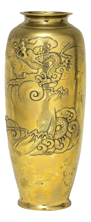 Tall Antique Early 20th Century Japanese Meiji Period Gilt Bronze Vase With Dragon in Clouds