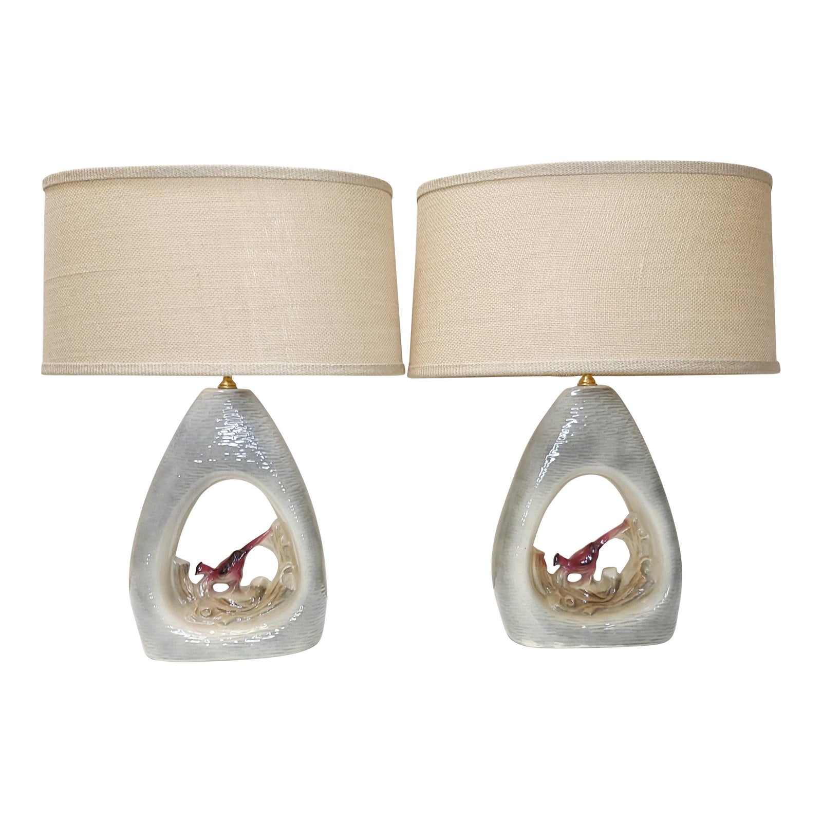 Vintage Red Robin Porcelain Lamps With Shades a Pair Chairish