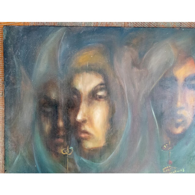 WE are selling this interesting and slightly creepy Mid-Century painting. This painting is executed in oil on particle...