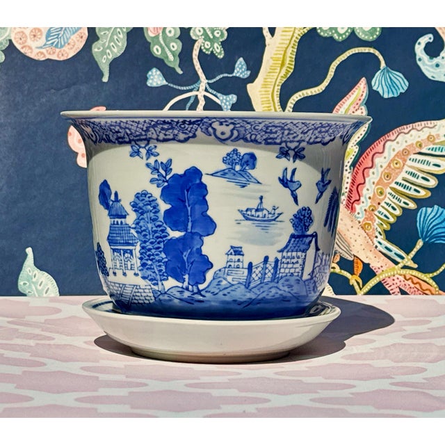Vintage Asian Blue & White Planter with Saucer, styled after Canton Ware This elegant planter, measuring 8" wide by 6"...