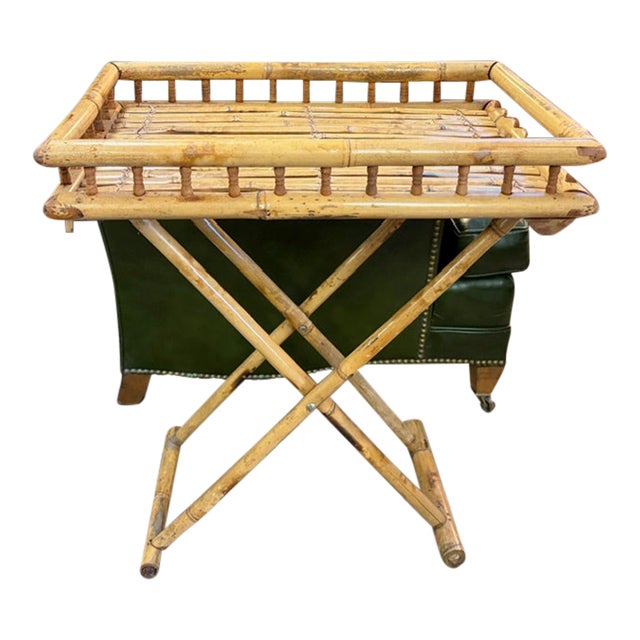 Mid Century Folding Bamboo and Rattan Tray Table For Sale