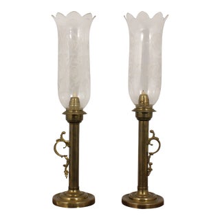 Pair Antique Federalist Etched Glass Brass Candlesticks For Sale