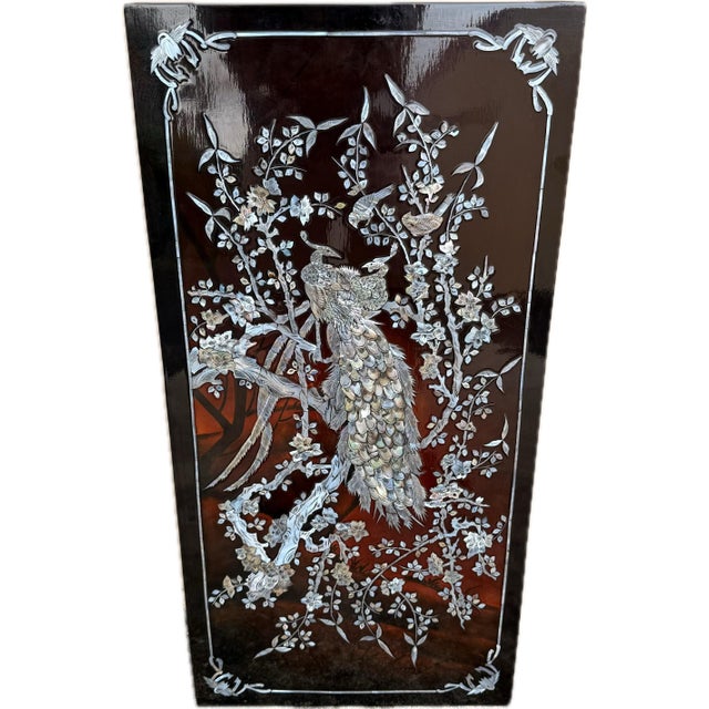 1970s Vintage Vietnamese Burgandy Lacquer Mother-of-Pearl Inlaid Wall Panels – Set of Four For Sale - Image 5 of 5