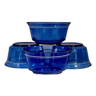 Hazel Atlas Cobalt Blue White Band Glass Cereal Bowls Set of 4 5" For Sale