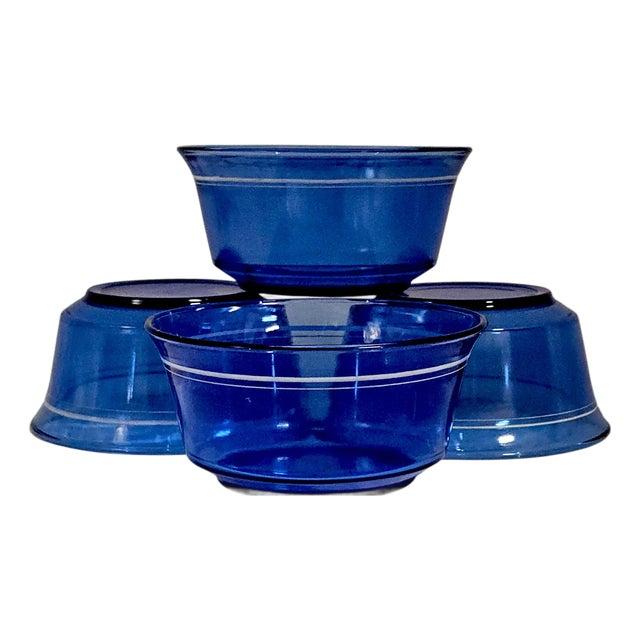 Hazel Atlas Cobalt Blue White Band Glass Cereal Bowls Set of 4 5" For Sale