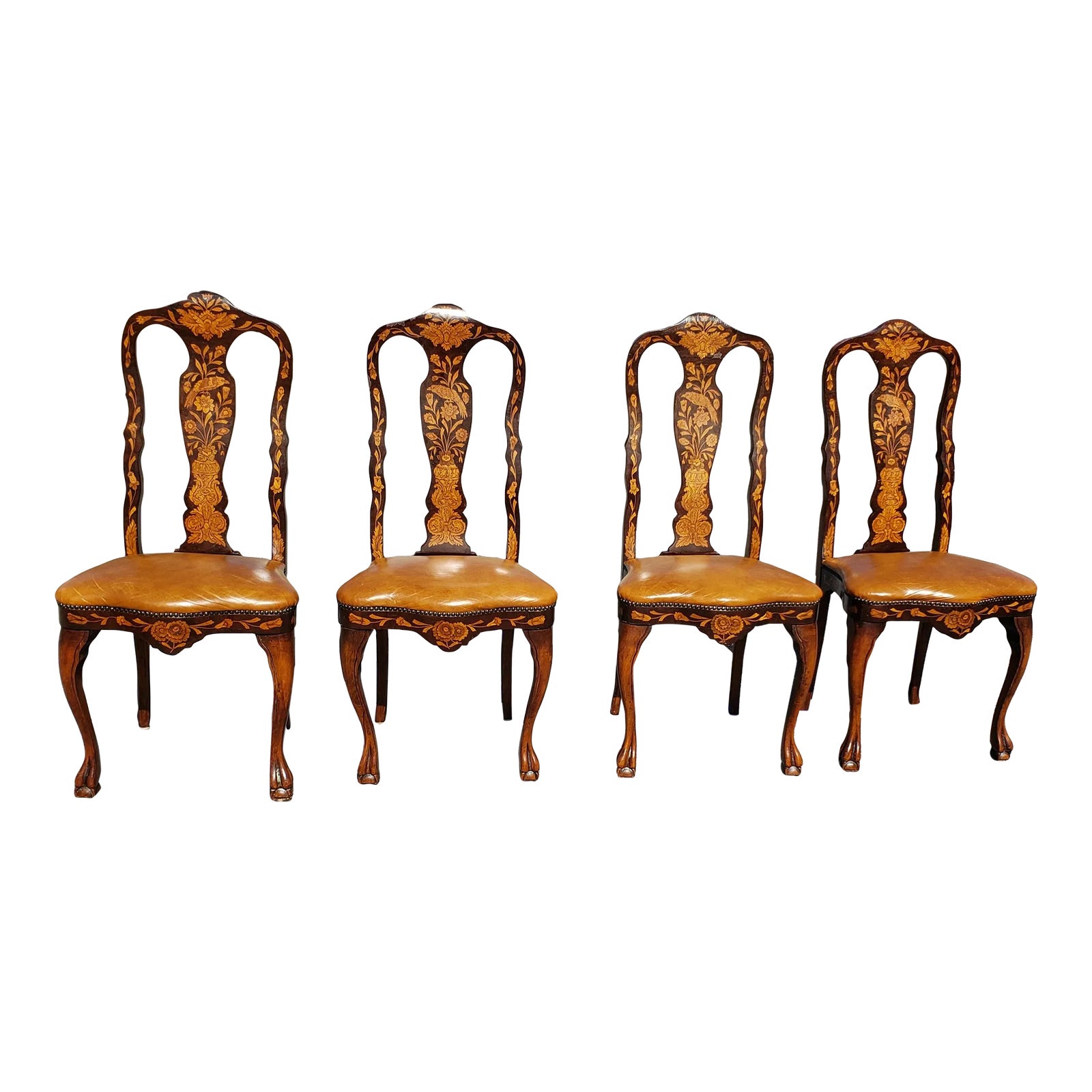Set of 4 Dutch Marquetry Mahogany Satinwood and Leather Seat Dining