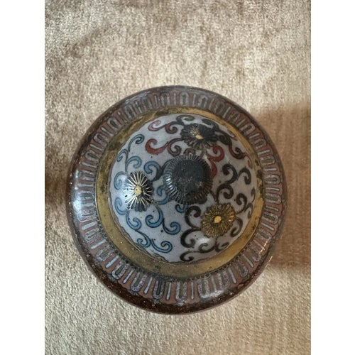 Antique Late Meiji Period Japanese Cloisonne Enamel and Brass Censor or Koro. Very nice antique condition with brass aging...