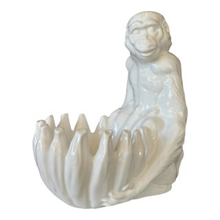 Vintage Italian Handmade Ceramic Regency Monkey With Banana Cachepot Bowl For Sale