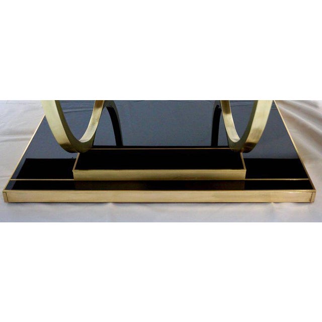 Italian Contemporary Art Deco Black Glass And Brass Coffee Table On Curved Legs In Showroom Chairish