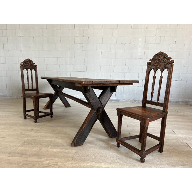 Rare 18c Scandinavian Pine Trestle Dining Table With X-Legs Base For Sale - Image 9 of 13