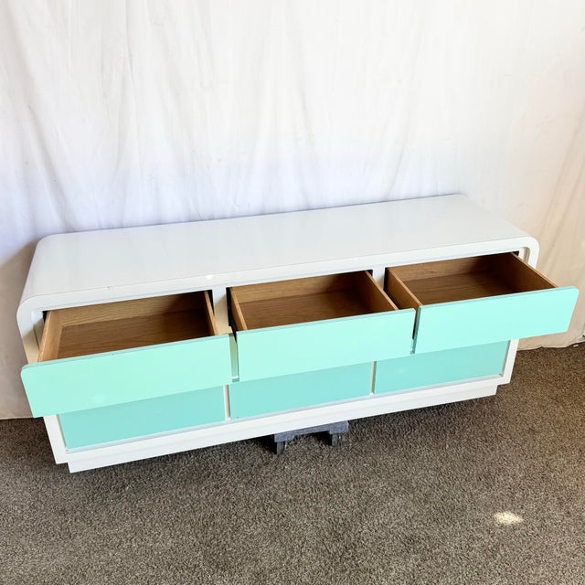 Postmodern White and Turquoise Lacquer Laminate Waterfall Dresser For Sale - Image 4 of 13