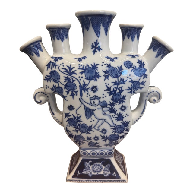 Blue & White Chonoiserie Tulip Vase For Sale