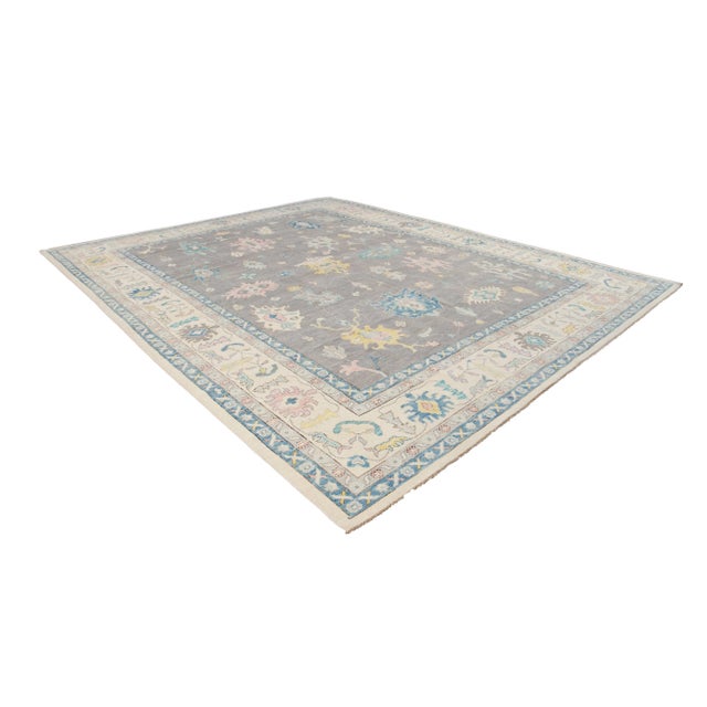 Large Gray Modern Oushak Handmade Wool Rug For Sale - Image 9 of 13