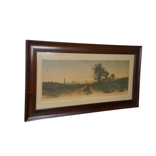 Late 19th century hand colored etching titled "New England Farmhouse" by Ernest C. Rost. Panoramic landscape of a country...