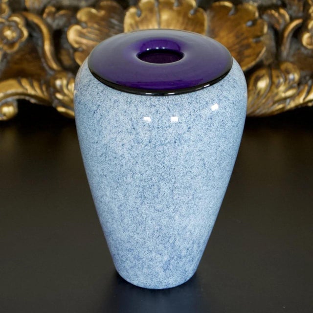 Late 20th Century Vitrix Glass Vase 1992 – Purple Rim Speckled White Studio Art Glass, Signed For Sale - Image 5 of 5