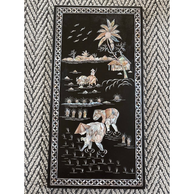 Set of Four Chinese Japonisme Black Lacquer Panels With Dimensional Mother-of-Pearl Inlay, Figural Pastoral Scenes For Sale - Image 4 of 12