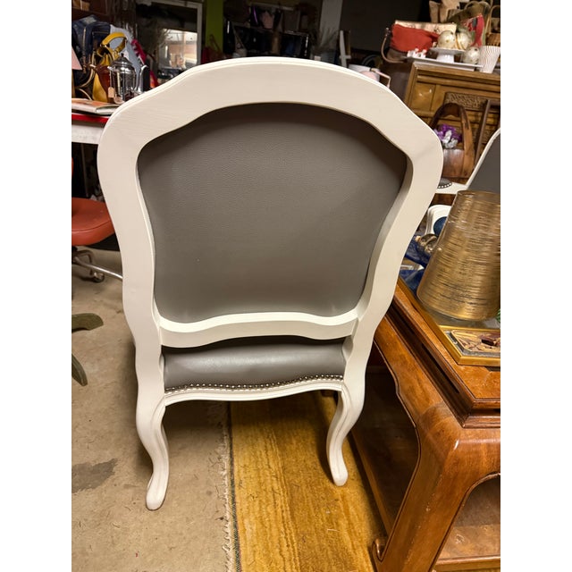 CB2 Cb2 Gray Leather and White Wood Louis IV Armchair Pair For Sale - Image 4 of 6