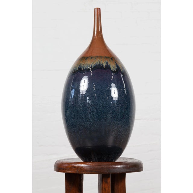Ceramic Vintage Northern Thai Chiang Mai Blue and Brown Vase from the Prem Collection For Sale - Image 7 of 13
