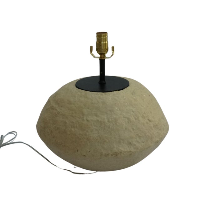 Custom Sculptural Paper Mâché Table Lamp – Organic Round Bottom Modern Design With Black Linen Shade For Sale - Image 4 of 18