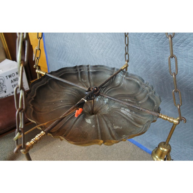 Late 19th Century Antique Victorian Brass 4 Light Parlor Drop Pendant Light Chandelier 43" For Sale - Image 5 of 11
