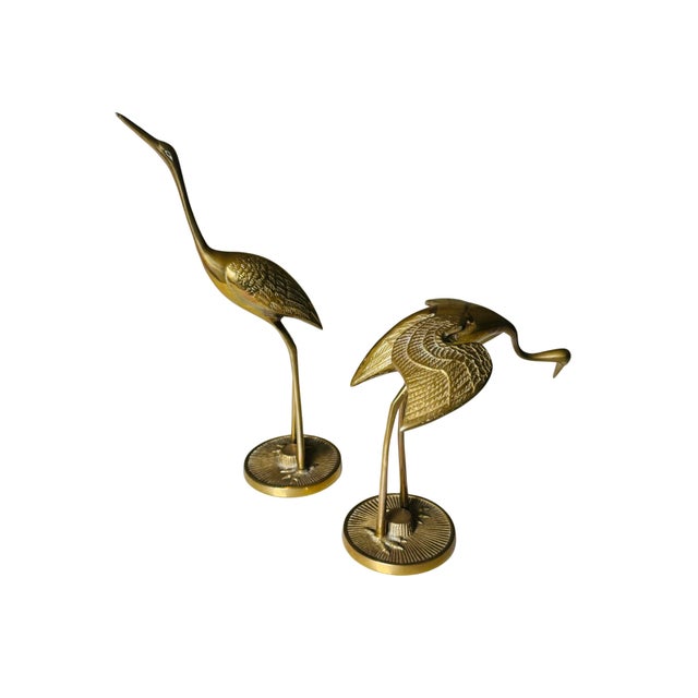 Mid-Century Modern Vintage Mid-Century Solid Brass Crane Figurines, Pair – Hollywood Regency Bird Sculptures For Sale - Image 3 of 7