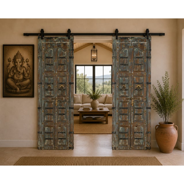 Bring history and timeless craftsmanship into your home with this Antique Indian Painted Teakwood Door. Handcrafted from...