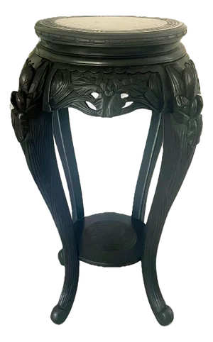 Antique Japanese Iris Pedestal / Plant Stand, Ebonised Carved Black Wood Side Table