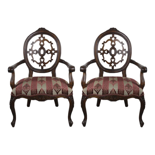 Pair of Vintage Carved Wood & Upholstered Armchairs For Sale