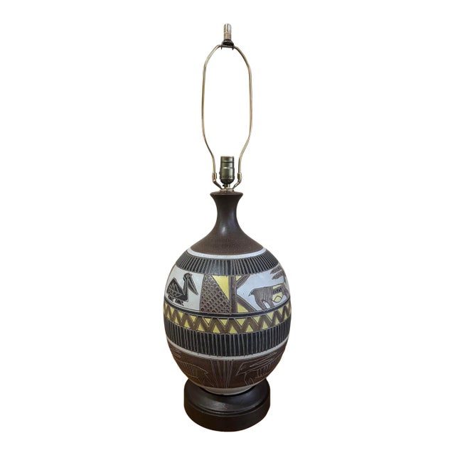 Mid 20th Century Sgraffito Pottery Lamp Folk Art Style Birds Antelope For Sale