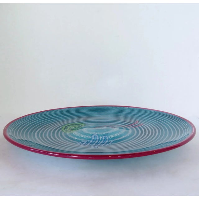 1990s Kerry Feldman for Fine Line Studios bright teal glass shallow centerpiece bowl/charger with white concentric...
