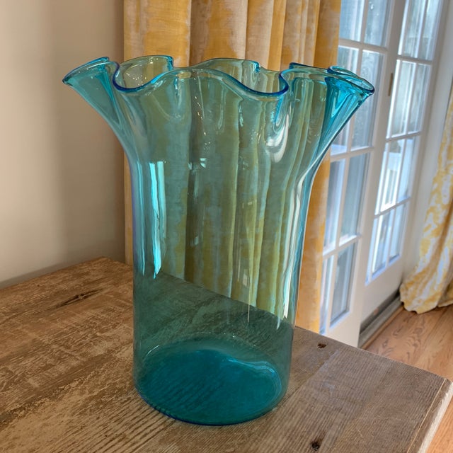Large Blue Hand Blown Glass Handkerchief Vase Chairish