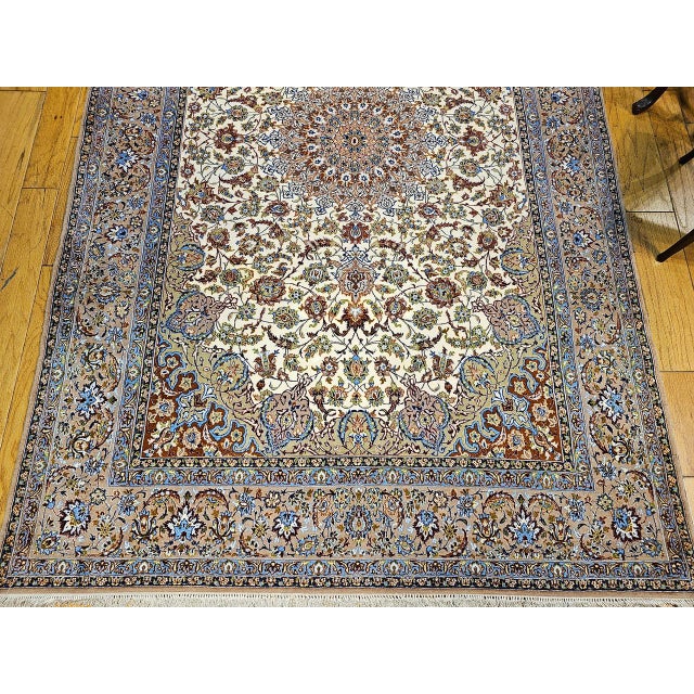 Vintage Persian Isfahan Rug, Hand-Knotted Wool & Silk, Floral Pattern, Ivory & Caramel,7x10 For Sale - Image 10 of 15