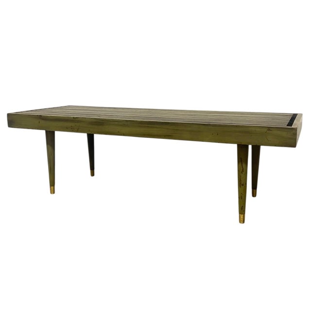 Mid-Century Modern Vintage Mid Century Modern Slatted Wood Bench With Tapered Legs and Brass-Toned Caps For Sale - Image 3 of 9