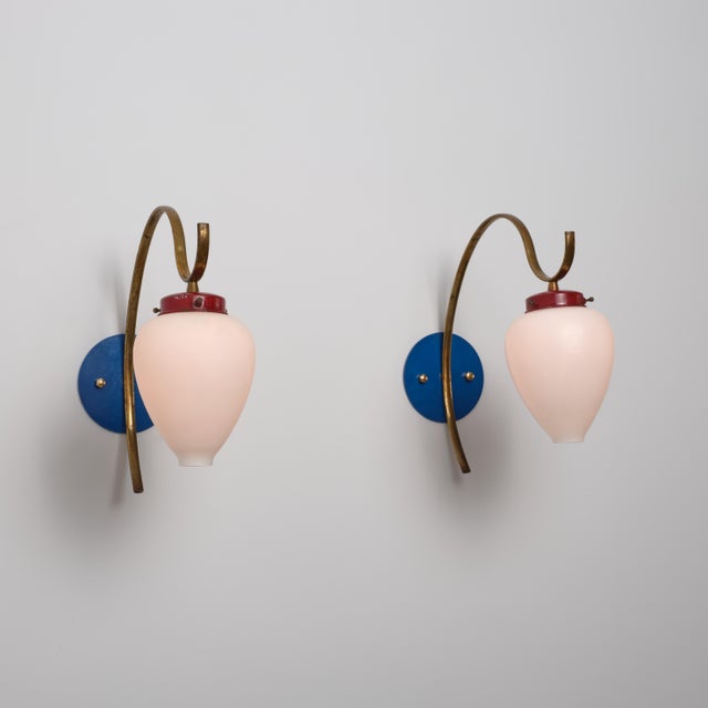 Italian Brass, Blue and Red Metal and Opaline Glass Sconces, 1950s, Set of 2 For Sale - Image 4 of 8