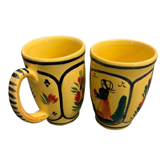 Mid 20th Century Henriot Quimper Soleil Yellow Accent Mug Featuring Lady, 2 Available For Sale