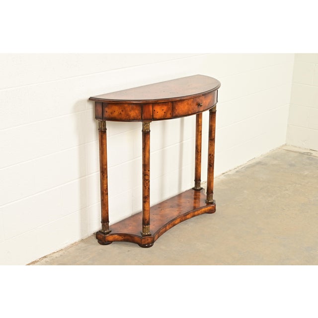 French Maitland Smith Style French Empire Burl Wood and Gold Gilt Demilune Console Table For Sale - Image 3 of 15