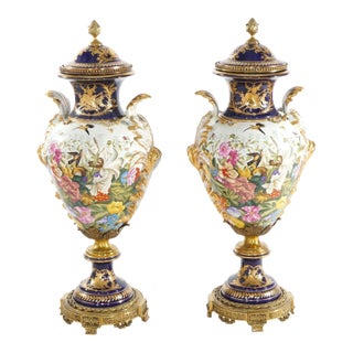Large & Impressive 19th Century French Sèvres Porcelain Gilt Gold Decorated Urns For Sale
