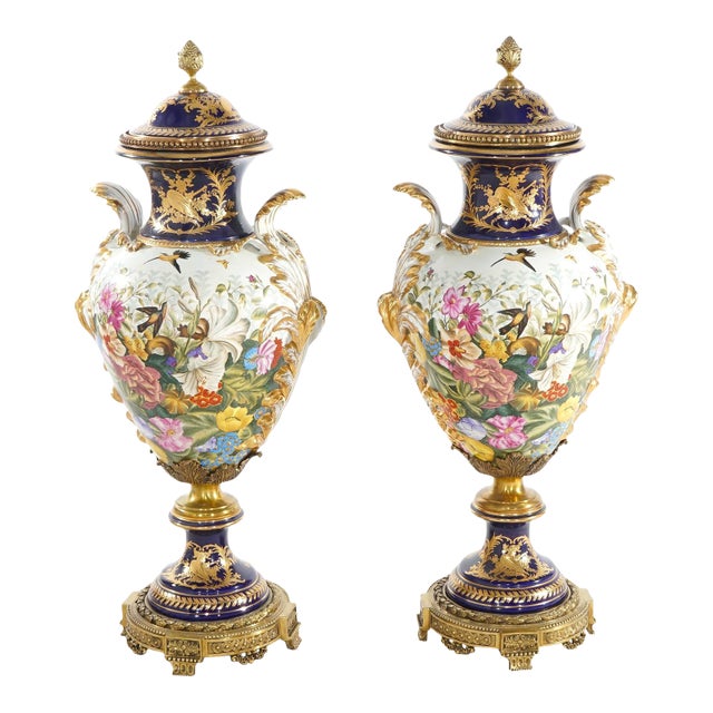 Large & Impressive 19th Century French Sèvres Porcelain Gilt Gold Decorated Urns For Sale