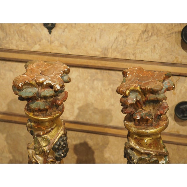Pair of 17th Century Italian Giltwood and Polychrome Grape Leaf Table Columns For Sale - Image 9 of 18