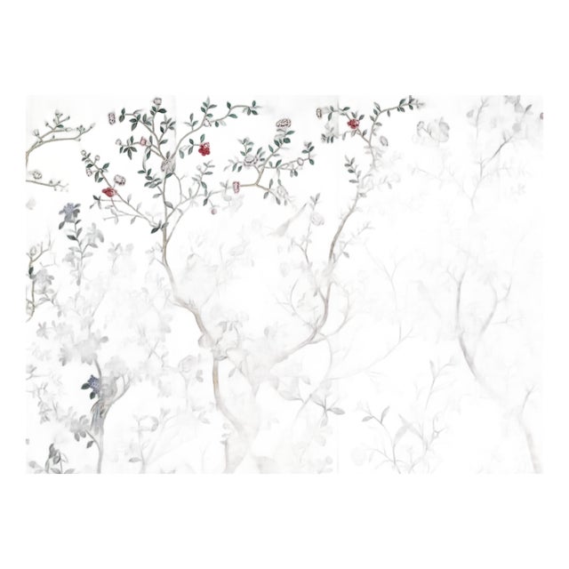 Mint Green Chinoiserie Mural | 5-Panel Hand-Painted Floral & Bird Wallpaper For Sale