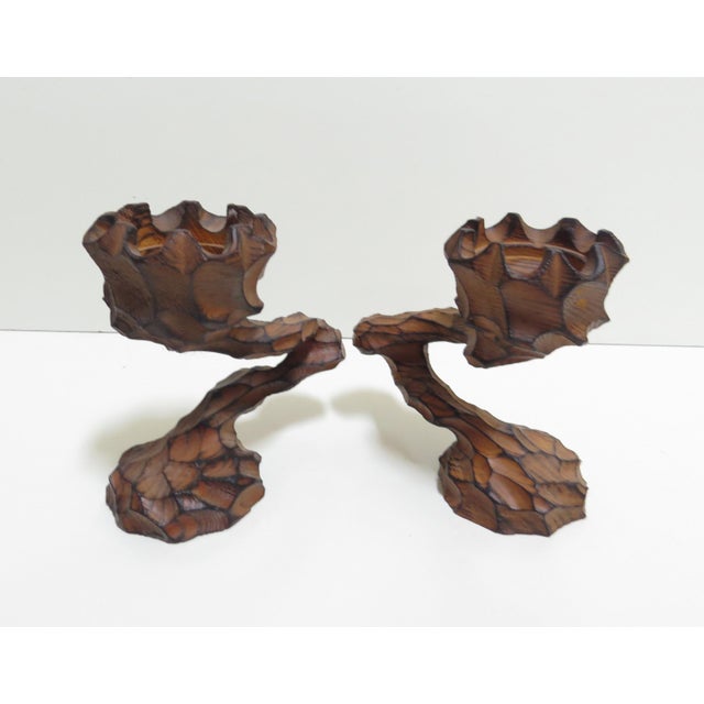 Vintage German Brutalist Hand Carved Wooden Candle Holder - Set of 3 For Sale - Image 9 of 12