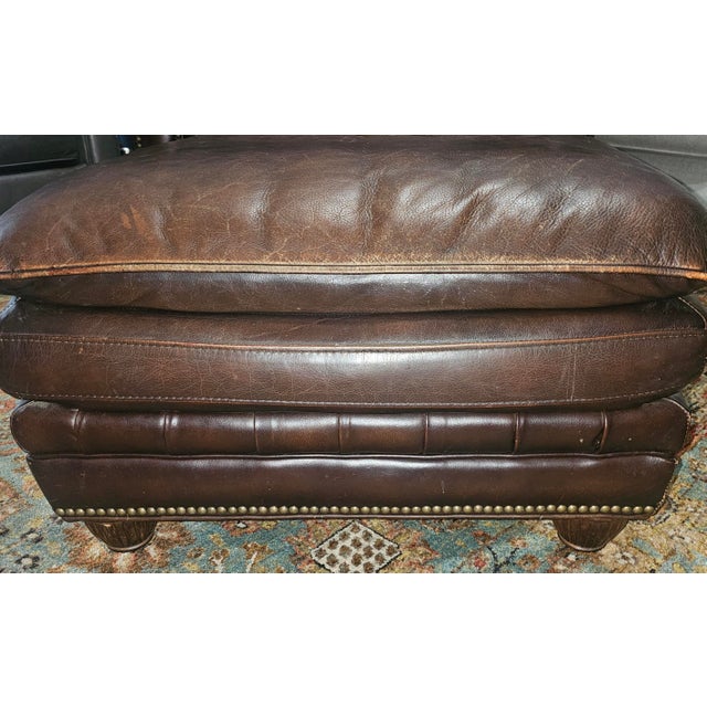 English 1990s Perfectly Worn Set Leather Library Club Chair and Matching Ottoman For Sale - Image 3 of 9