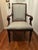 Ethan Allen Townhouse dining arm chairs of quality wood with upholstered brocade fabric on the seat and back. Front legs...