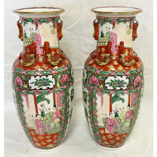 Mid Century Asian Famille Rose Vases of Hand Painted Porcelain With Gold Accents- a Pair For Sale - Image 12 of 12