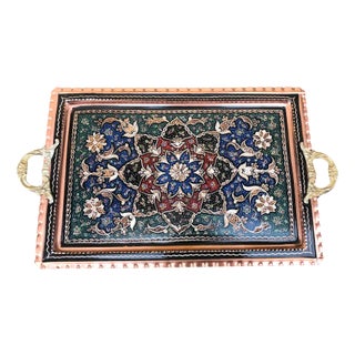 Handmade Carved Serving Tray with Handles For Sale